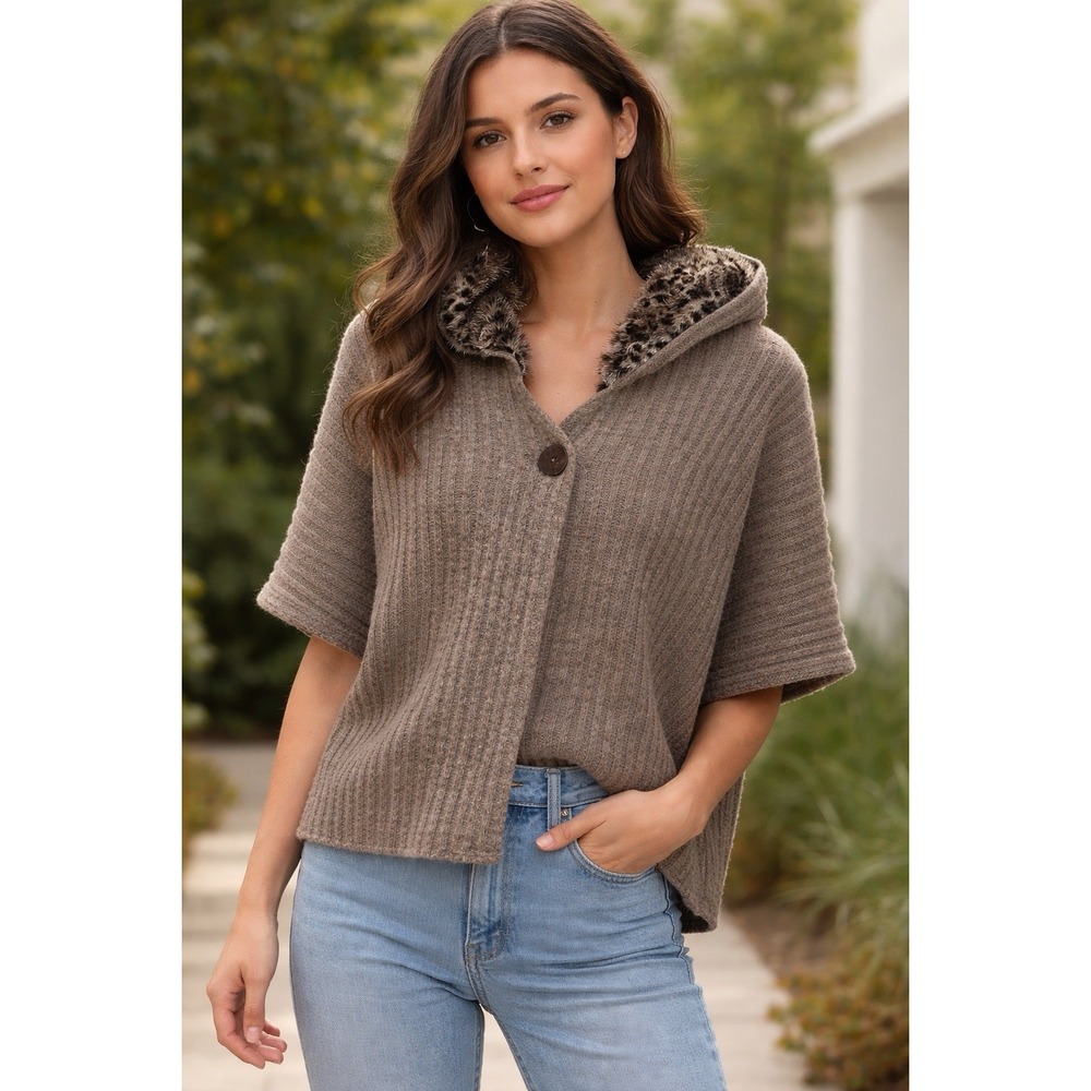 Michael Tyler gray knit hooded sweater faux fur trim button front size S